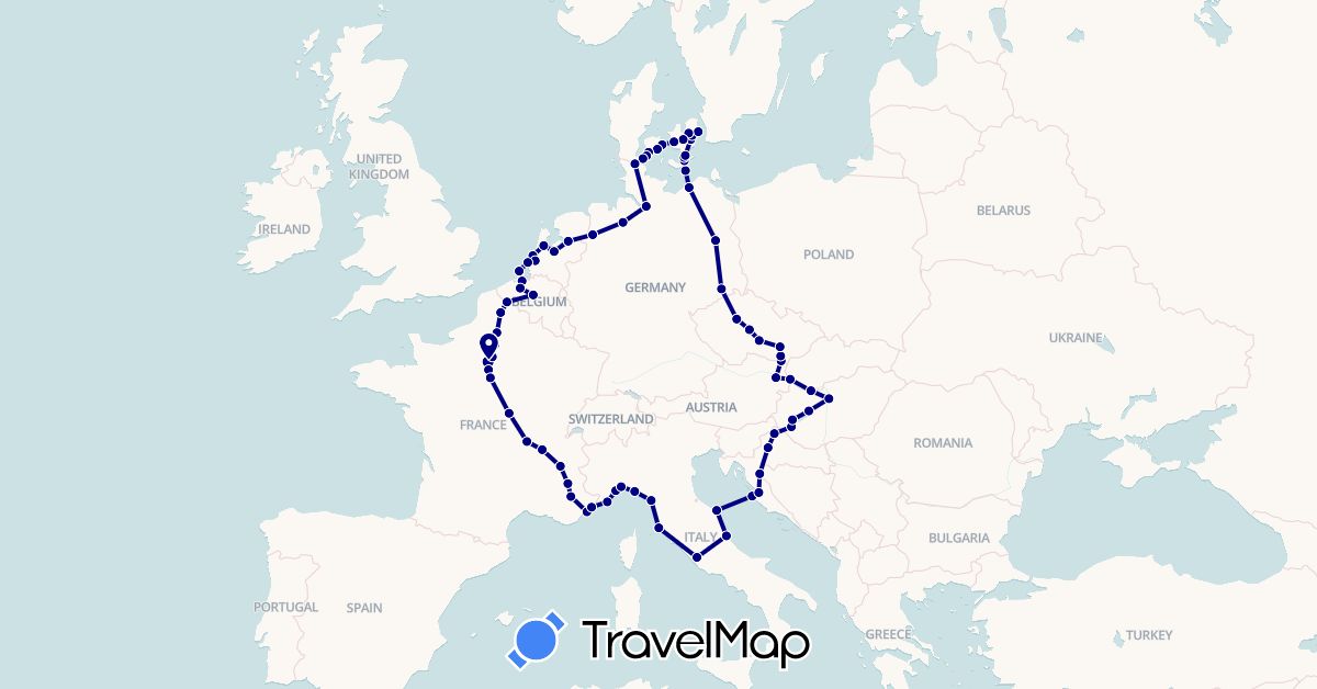 TravelMap itinerary: driving in Austria, Belgium, Czech Republic, Germany, Denmark, France, Croatia, Hungary, Italy, Netherlands, Slovakia (Europe)
